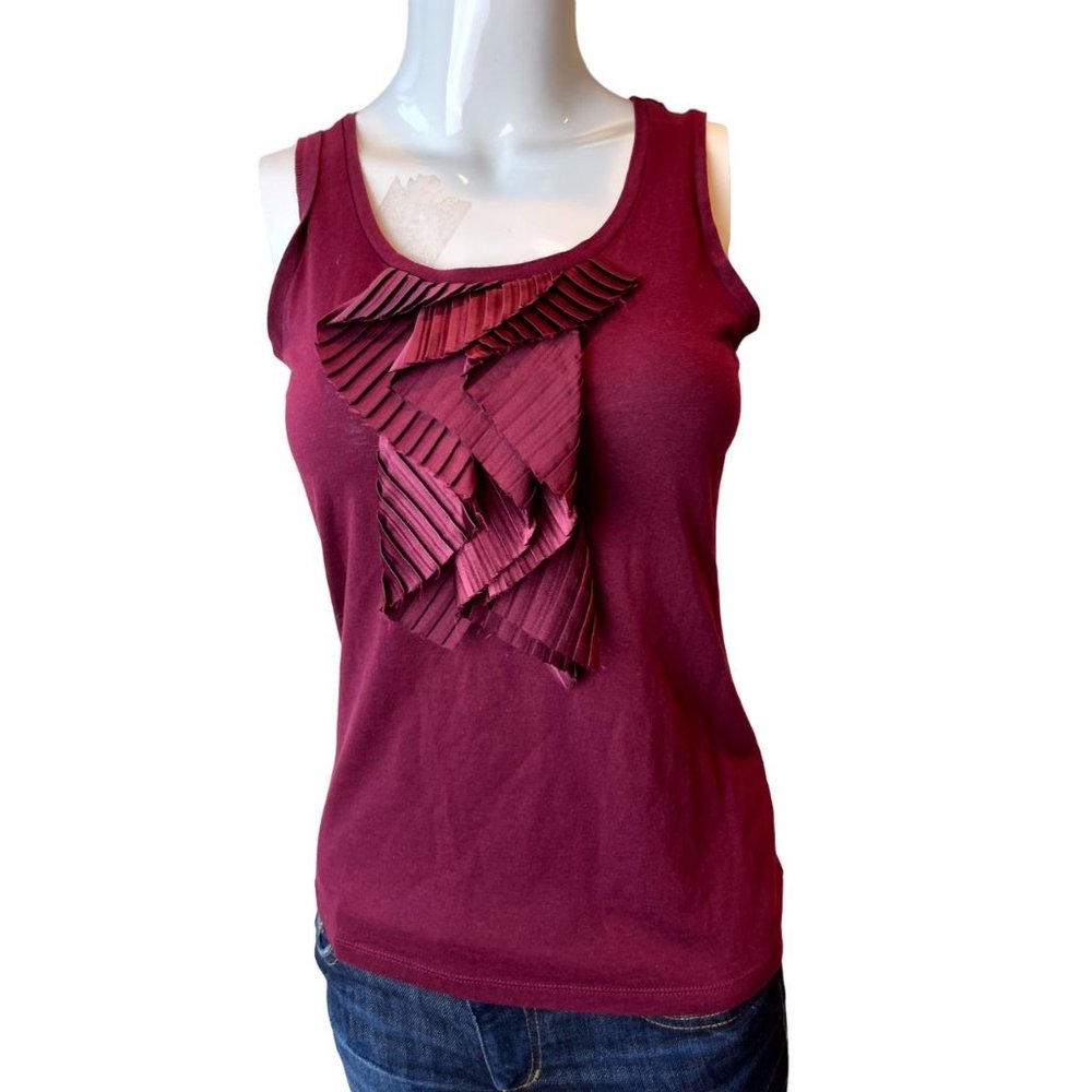 Ann Taylor Women Ruffle Front Neckline Blouse Tank Sleeveless Cotton Burgundy SP